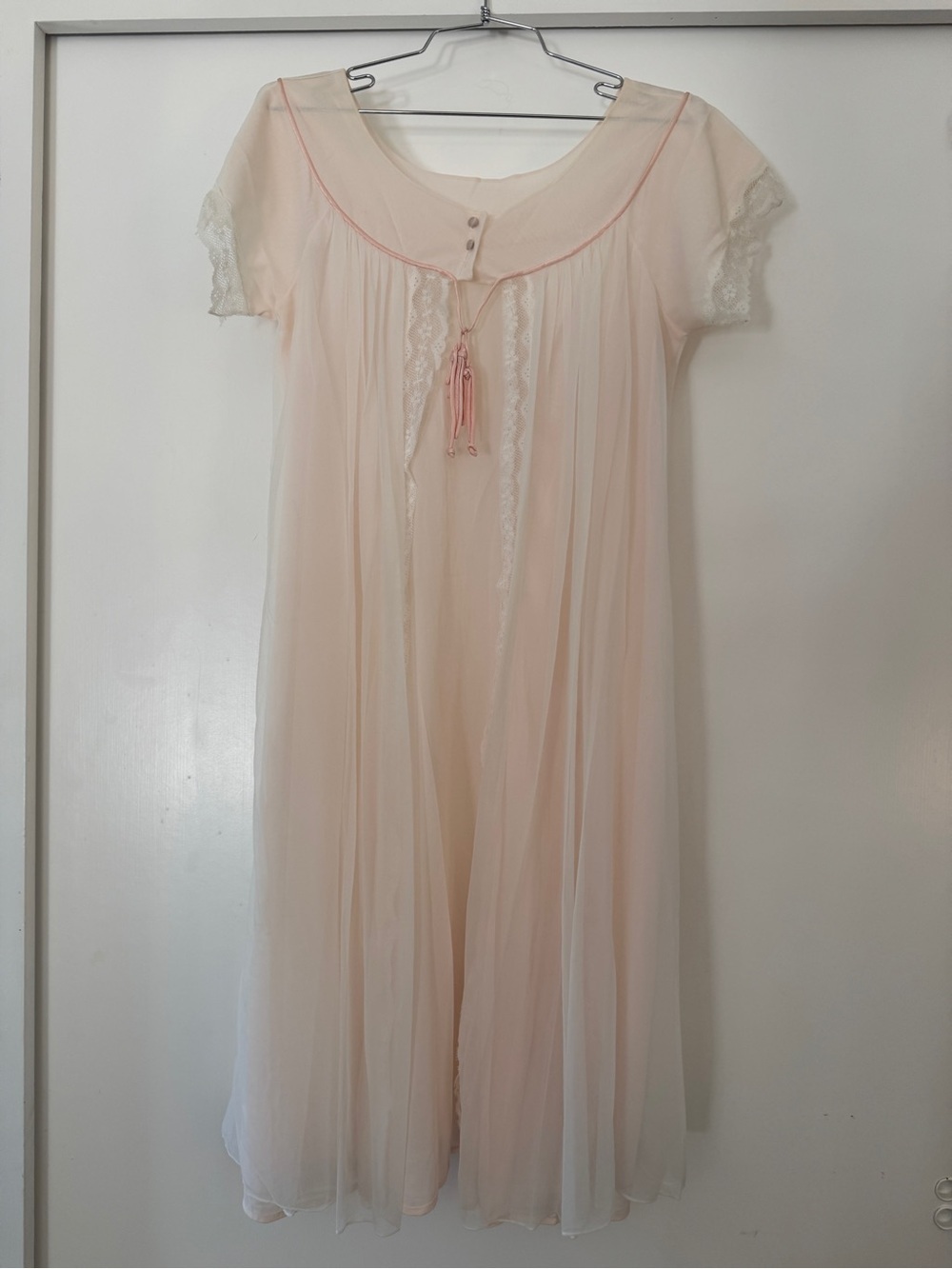 Vintage 70s Tempo Nylon Sheer Bed Coat Robe Pink Lace Trim Lingerie Small